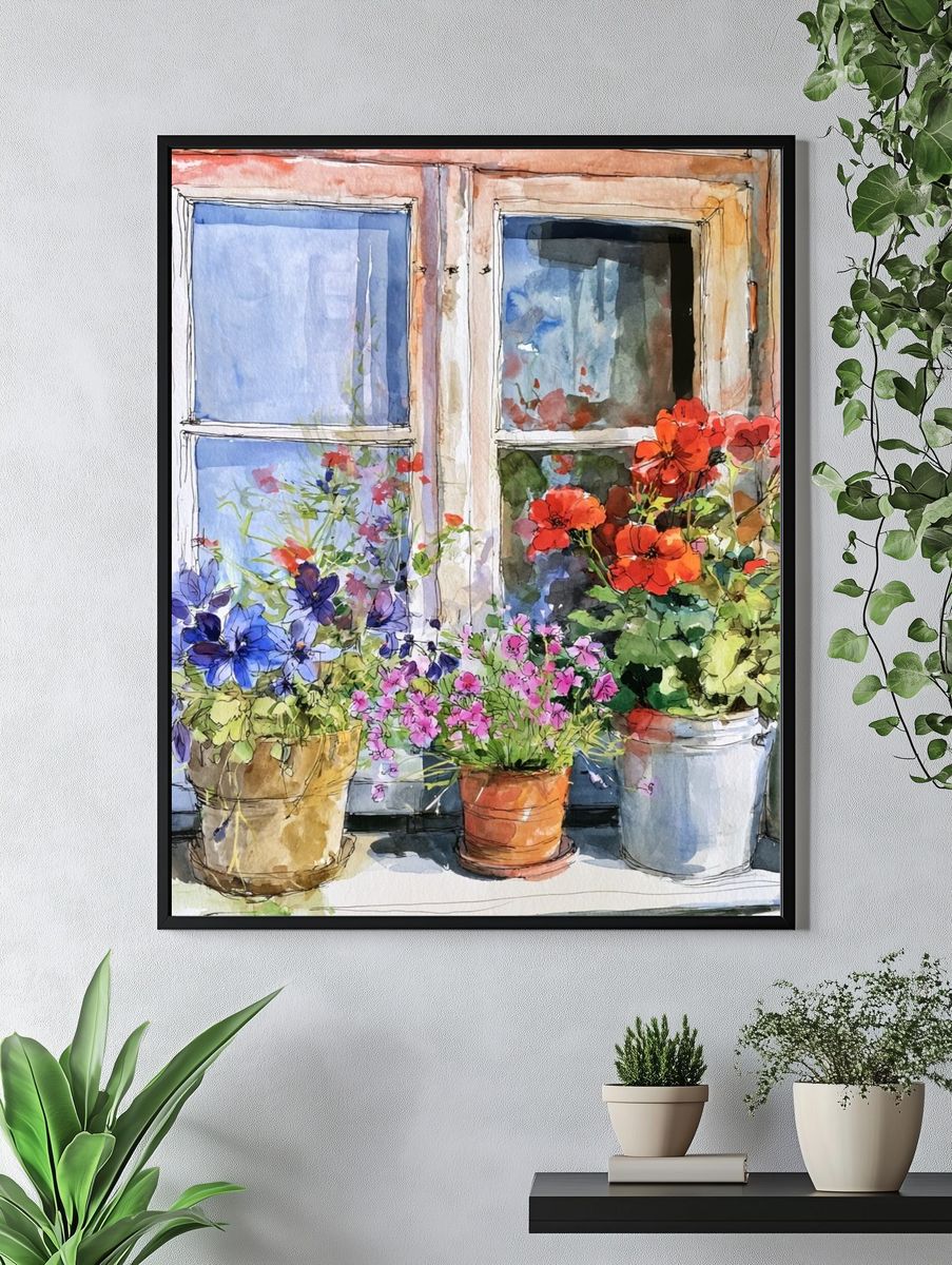 Window Flower Pots Watercolor Poster. — room view 4