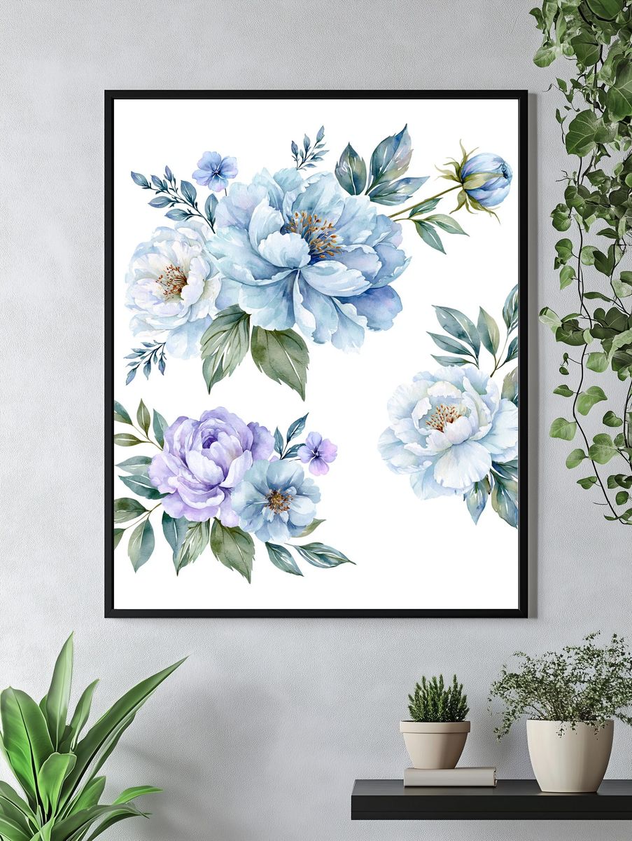 Blue Peony Bouquet Watercolor Print. — room view 4