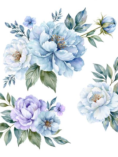 Blue Peony Bouquet Watercolor Print. poster print