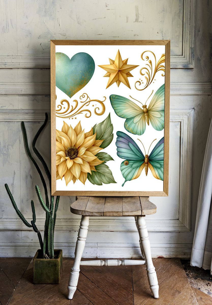 Botanical Gold Motifs Illustration Poster. — room view 1