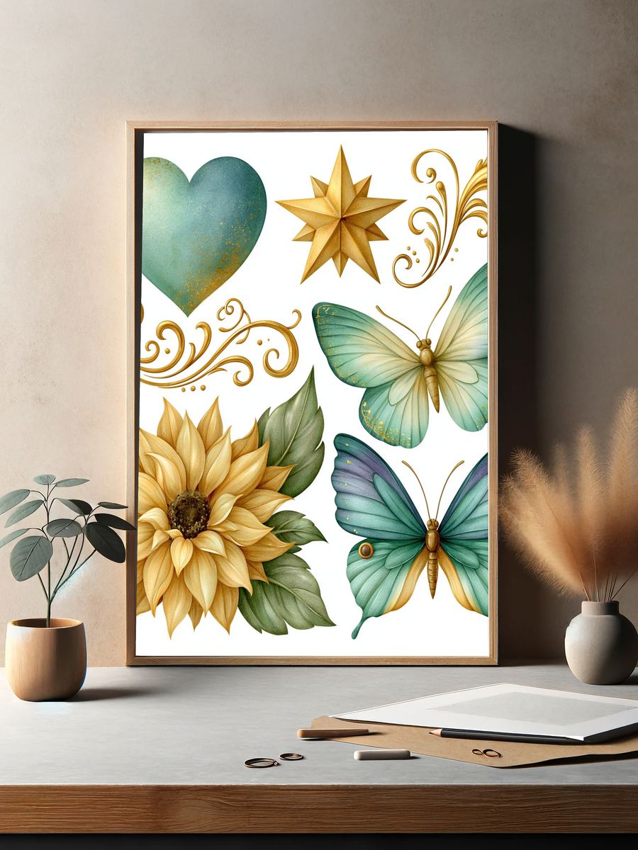 Botanical Gold Motifs Illustration Poster. — room view 2