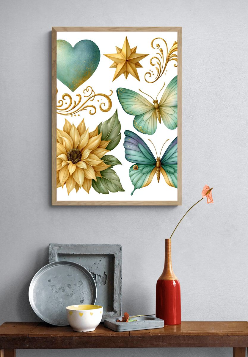 Botanical Gold Motifs Illustration Poster. — room view 3