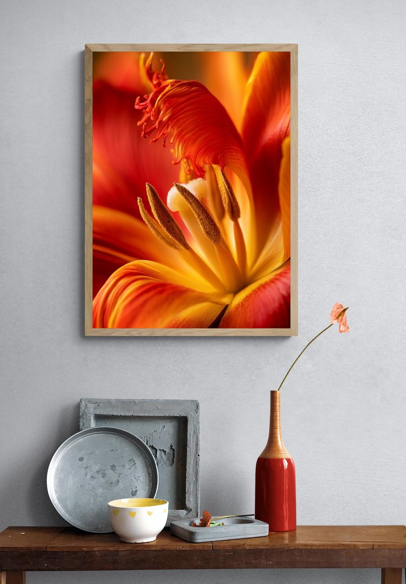 Red Tulip Macro Botanical Print. — room view 3