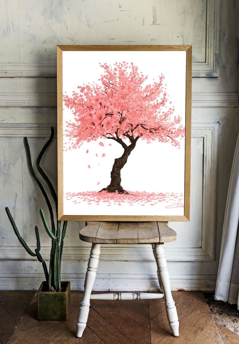 Pink Cherry Blossom Tree Print. — room view 1