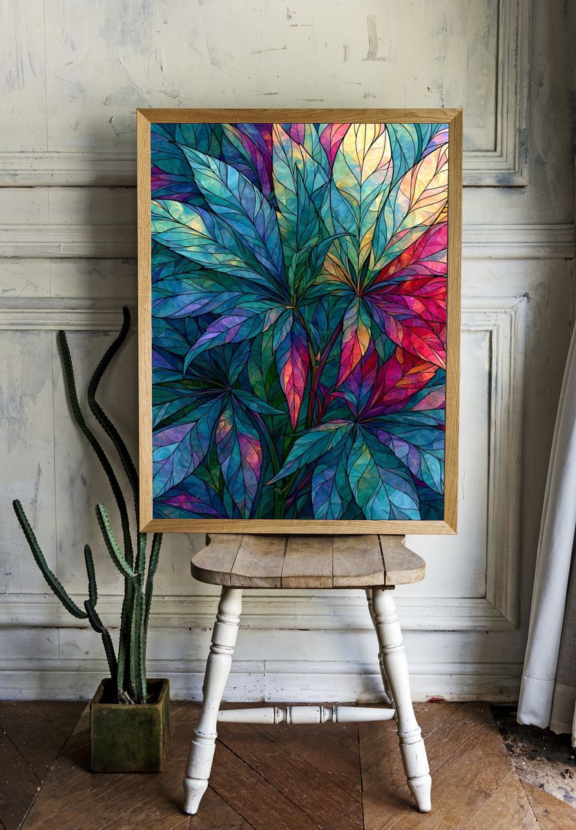 Tropical Stained Glass Leaves Poster. — room view 1