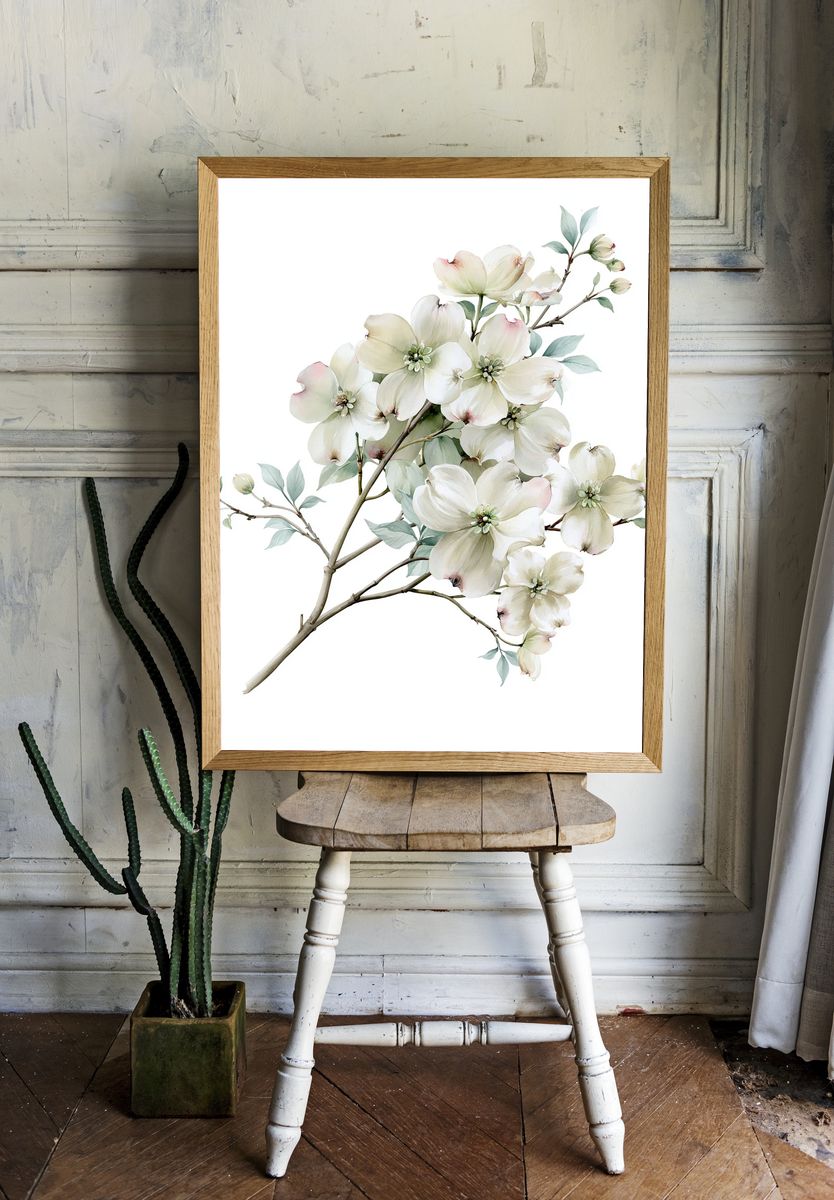 White Dogwood Blossom Watercolor Poster. — room view 1