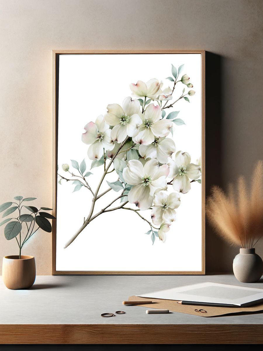 White Dogwood Blossom Watercolor Poster. — room view 2
