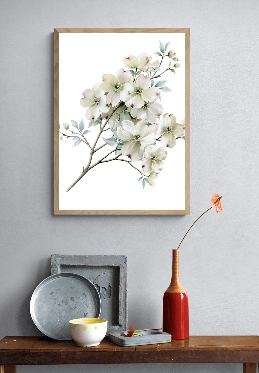 White Dogwood Blossom Watercolor Poster. — room view 3