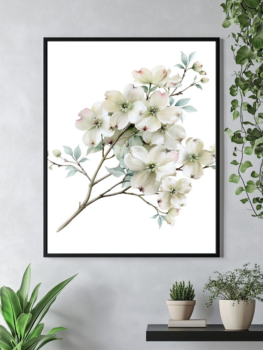 White Dogwood Blossom Watercolor Poster. — room view 4