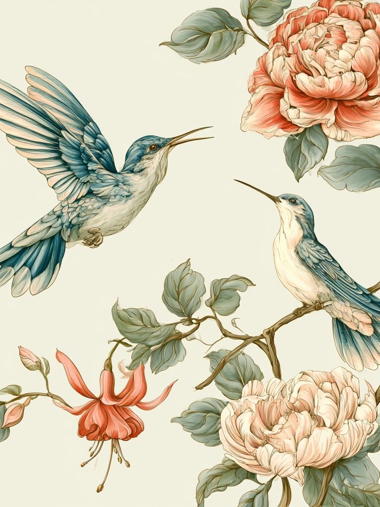 Hummingbirds and Peonies Botanical Print. poster — botanical art