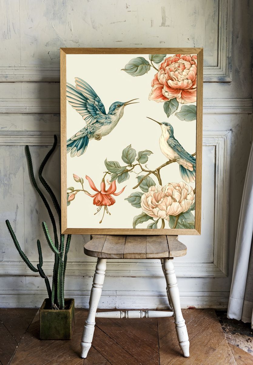 Hummingbirds and Peonies Botanical Print. room preview