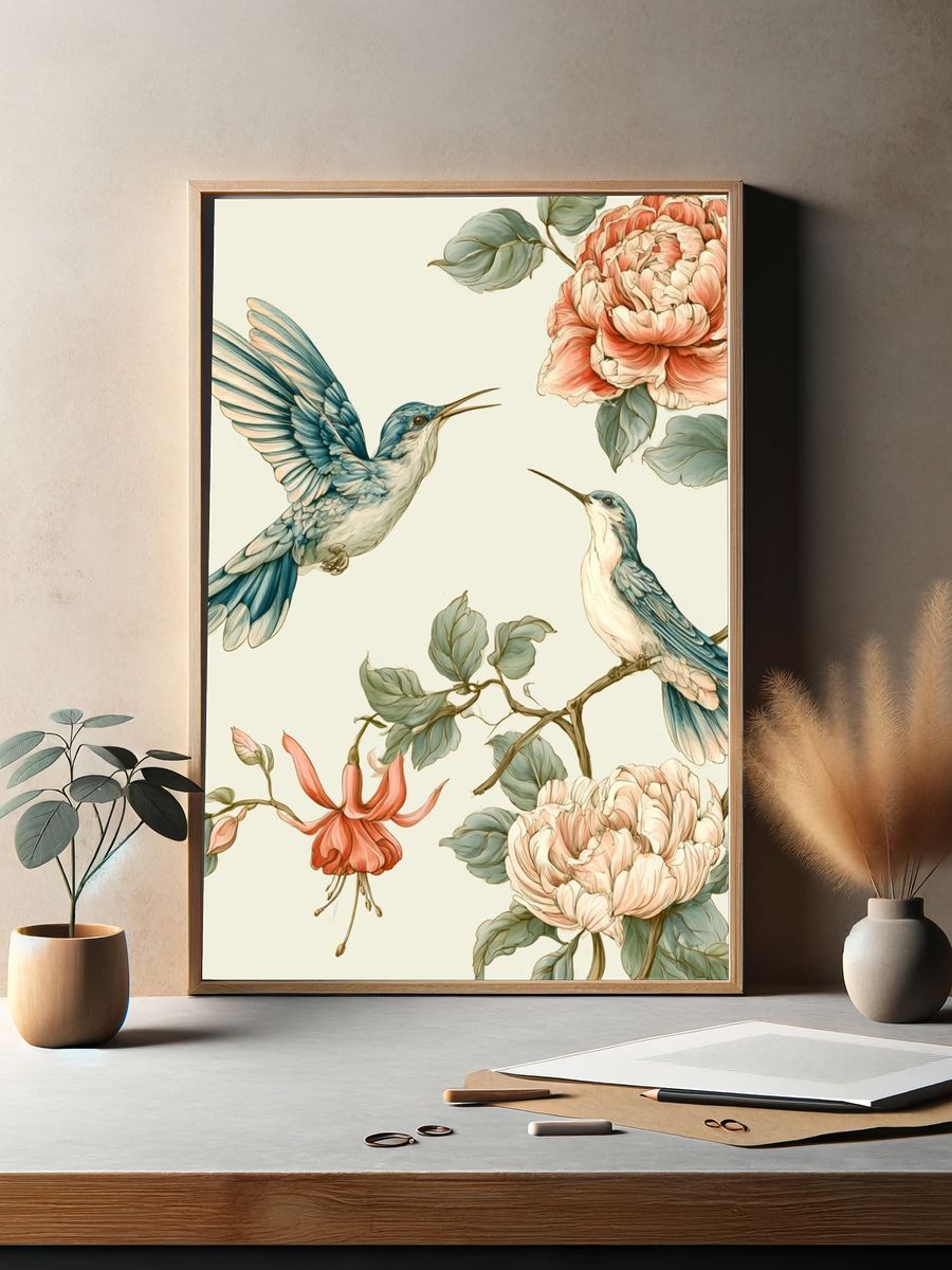 Hummingbirds and Peonies Botanical Print. — room view 2