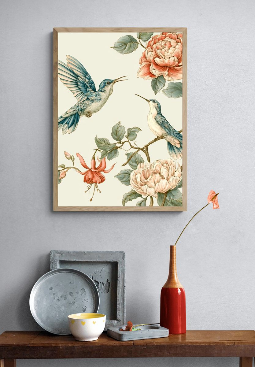 Hummingbirds and Peonies Botanical Print. — room view 3