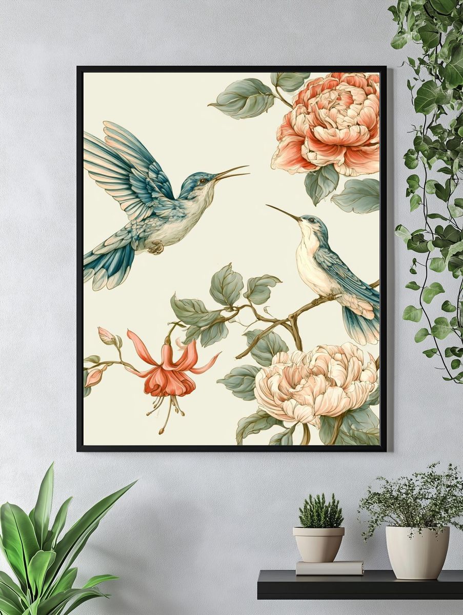 Hummingbirds and Peonies Botanical Print. — room view 4