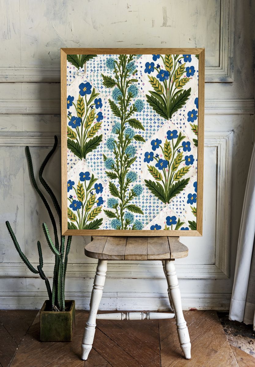 Blue Floral Botanical Print. room preview