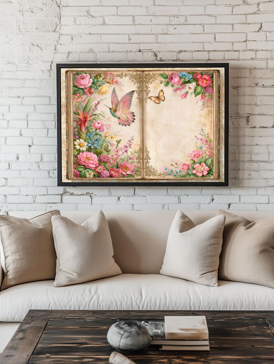 Vintage Floral Book Page Poster. — room view 1