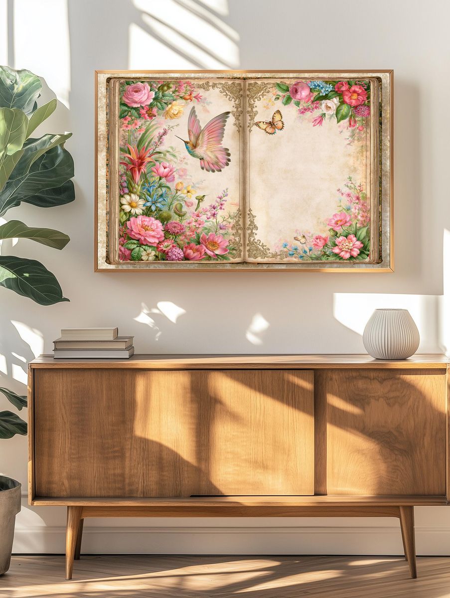 Vintage Floral Book Page Poster. — room view 3
