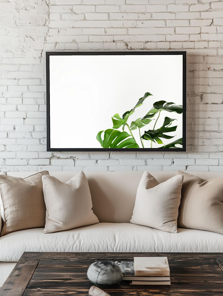 Green monstera leaves white wall. room preview