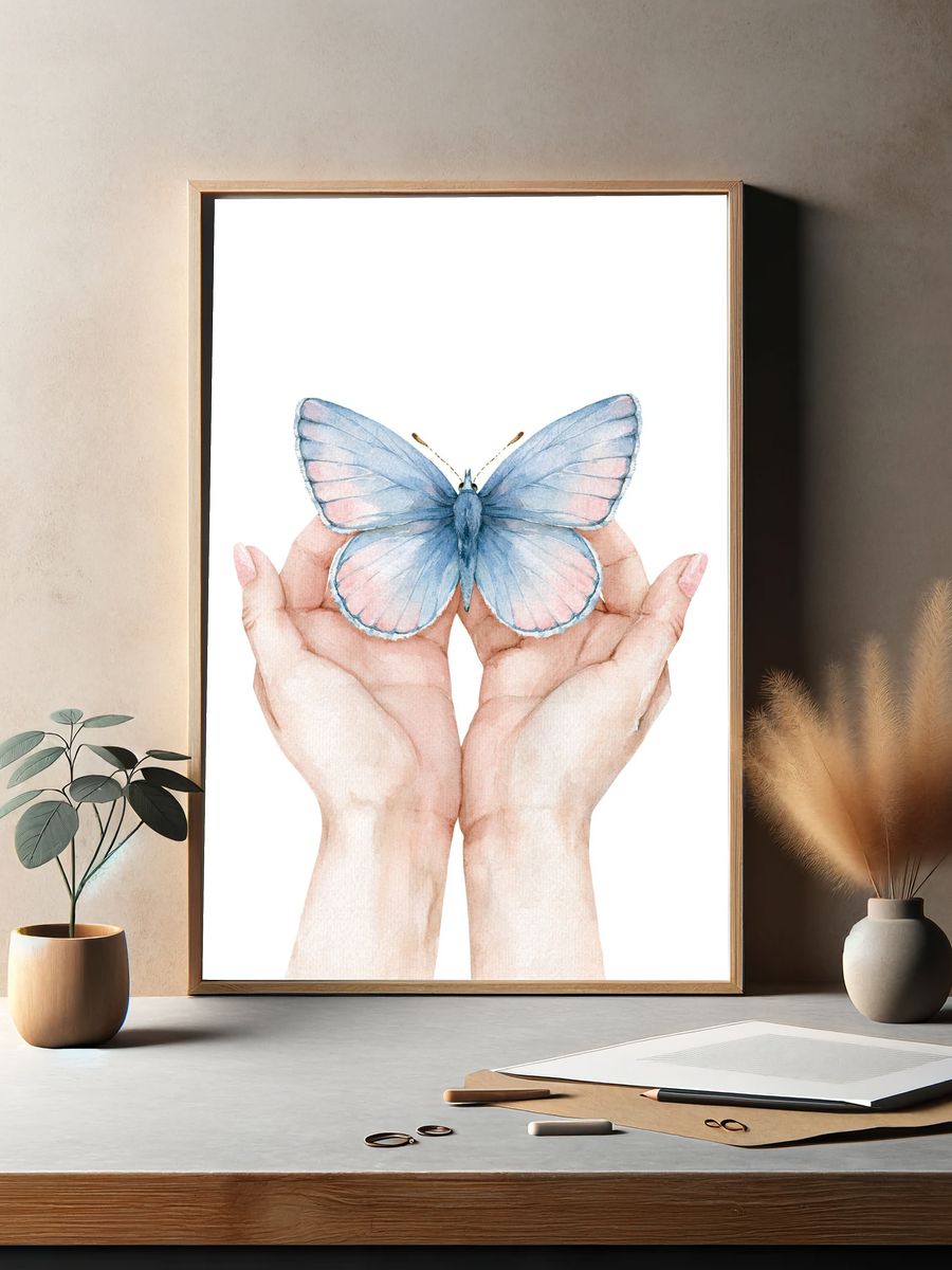 Blue Butterfly Hands Watercolor Poster. — room view 2