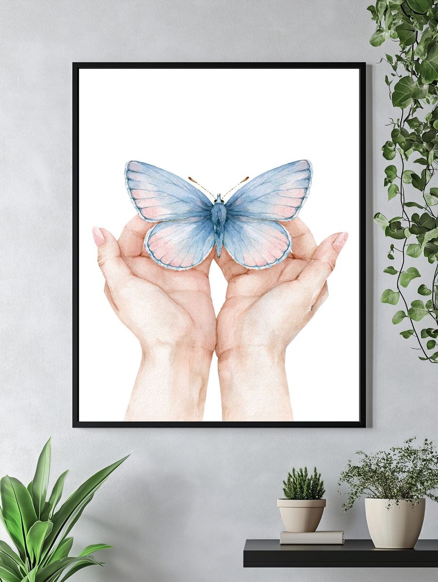 Blue Butterfly Hands Watercolor Poster. — room view 4