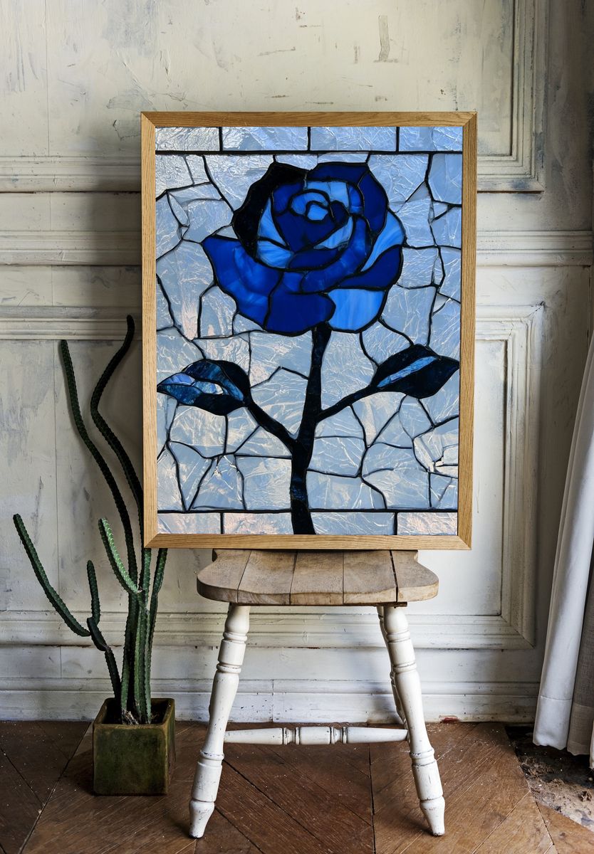 Blue Stained Glass Rose Print. — room view 1