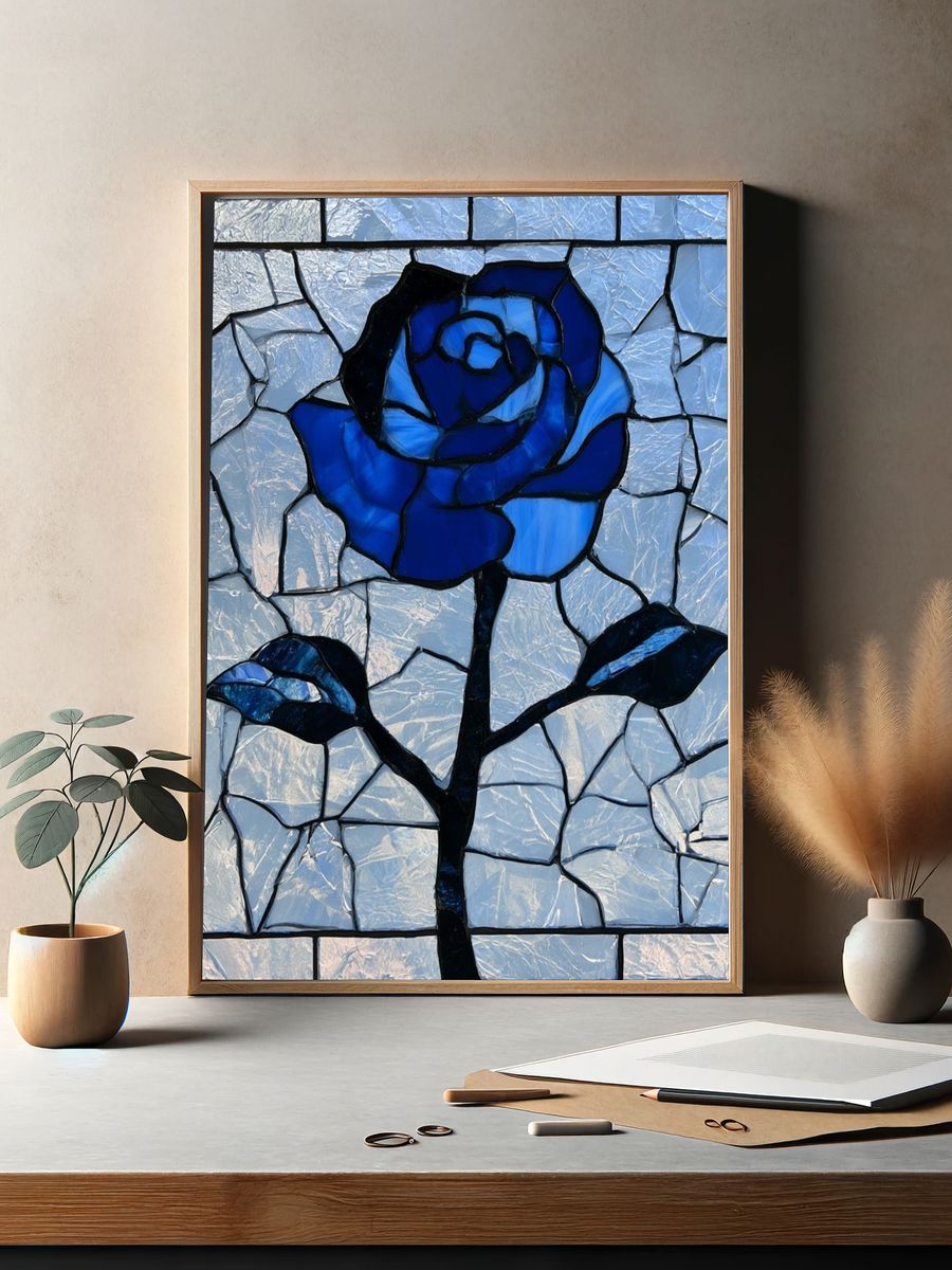 Blue Stained Glass Rose Print. — room view 2
