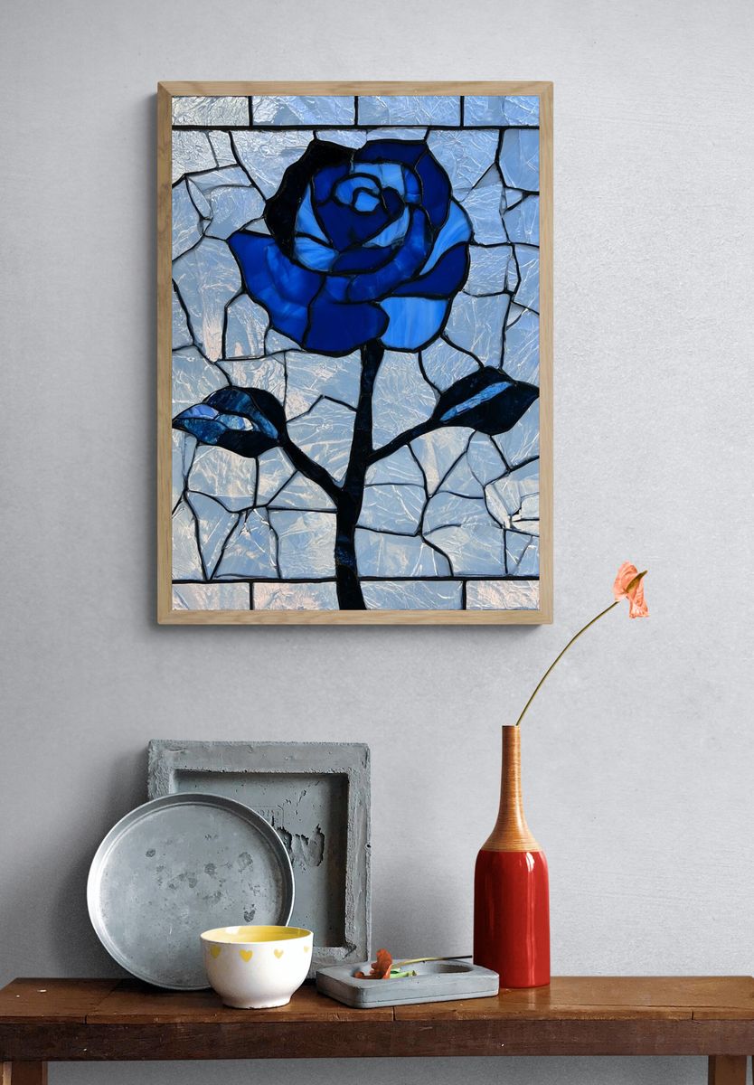 Blue Stained Glass Rose Print. — room view 3