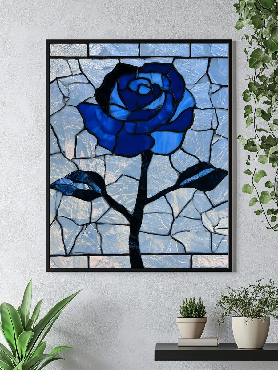 Blue Stained Glass Rose Print. — room view 4