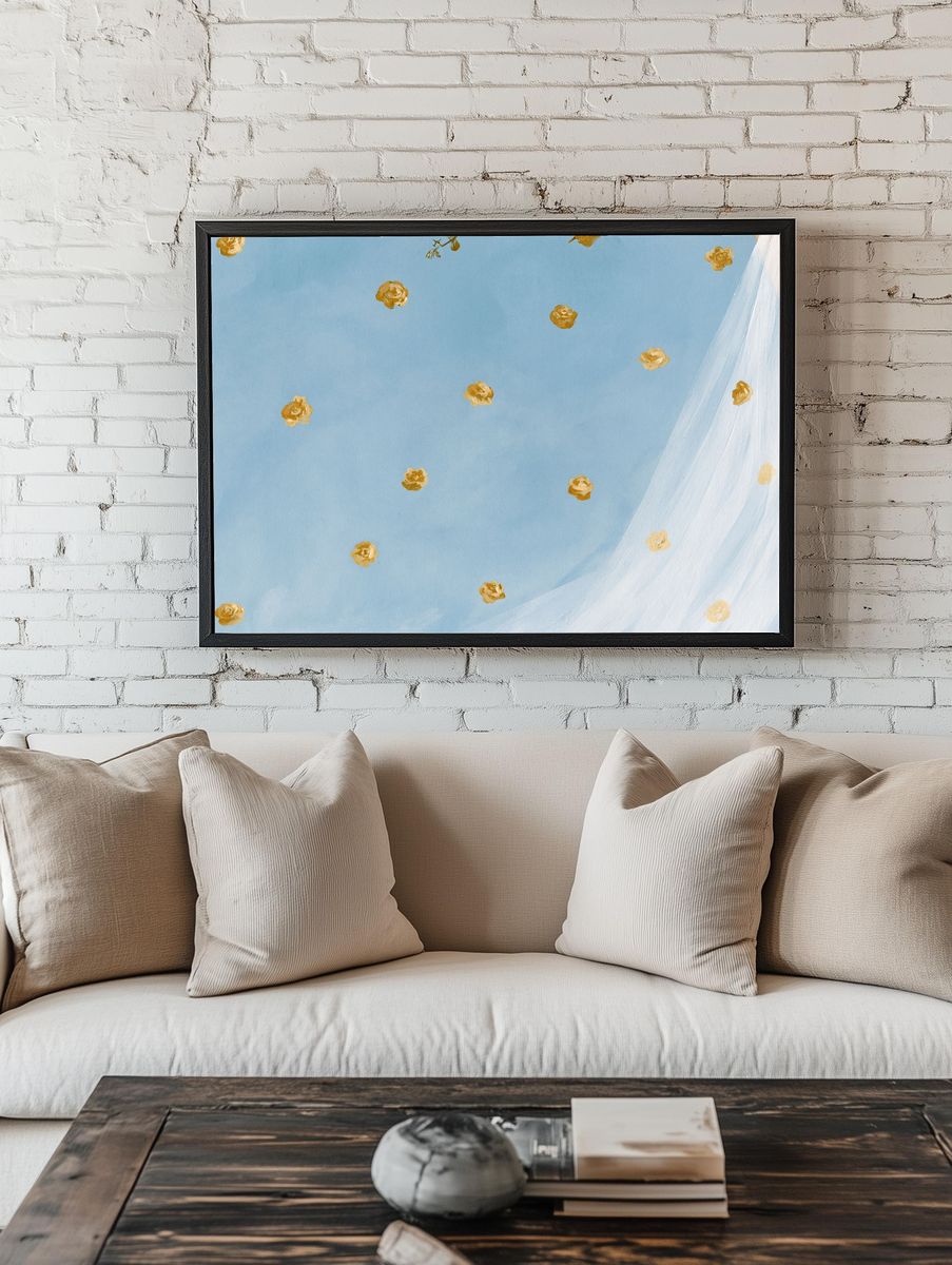 Blue Floral Drift Illustration Poster. — room view 1