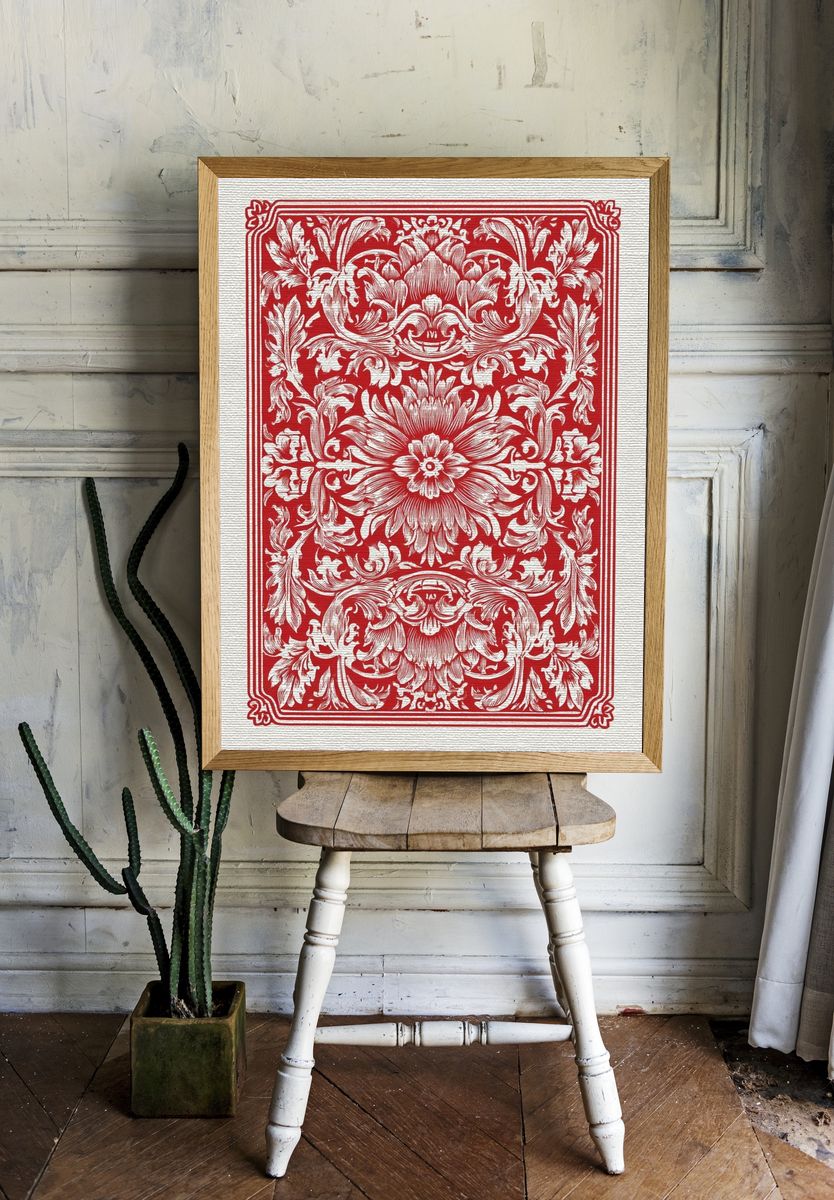 Ornate Floral Red Woodcut Poster. — room view 1