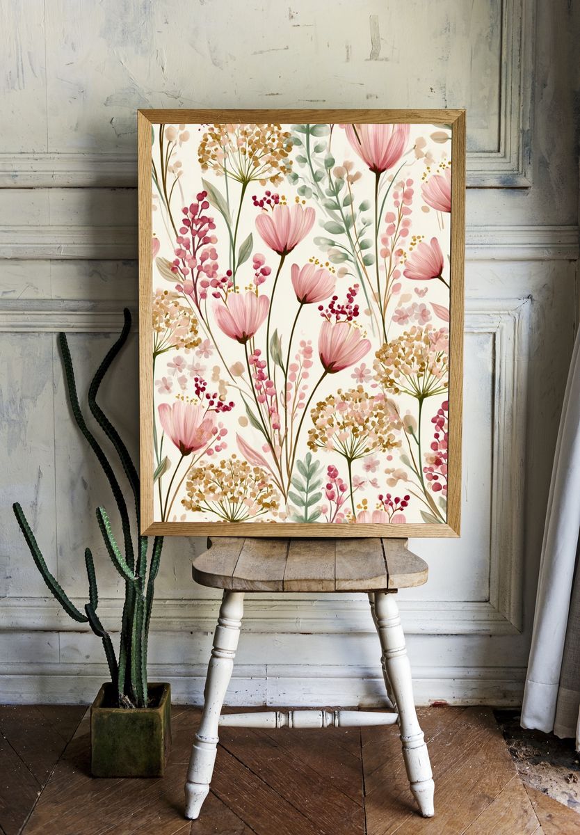 Pink Wildflower Botanical Print. room preview