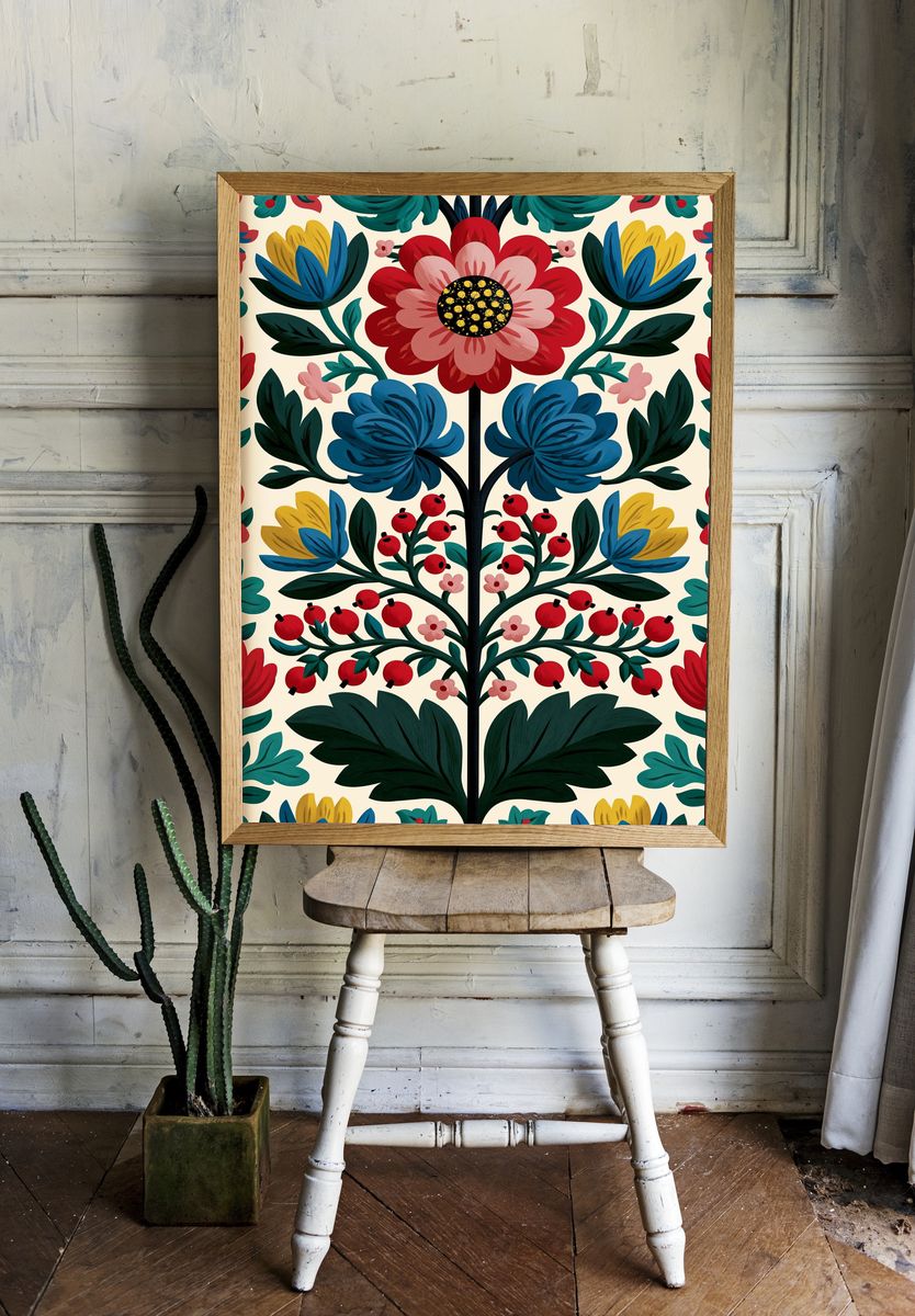 Folk Floral Garden Print. room preview