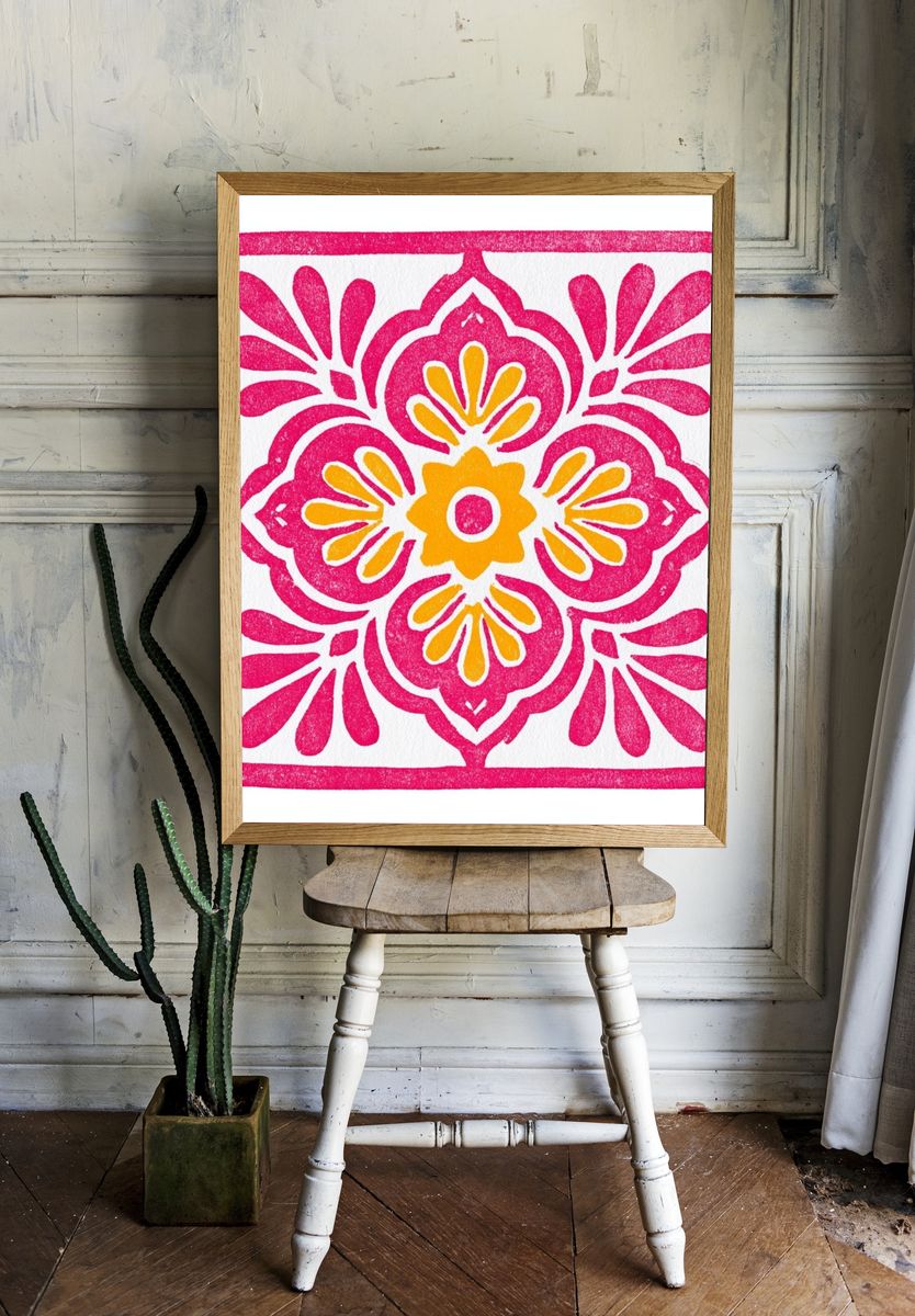 Pink Floral Tile Print. — room view 1