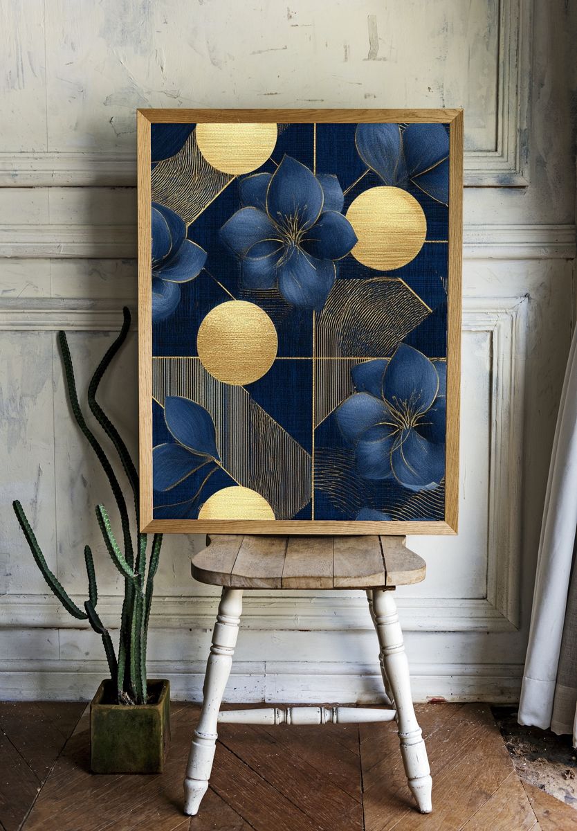 Navy Gold Floral Geometric Print. — room view 1