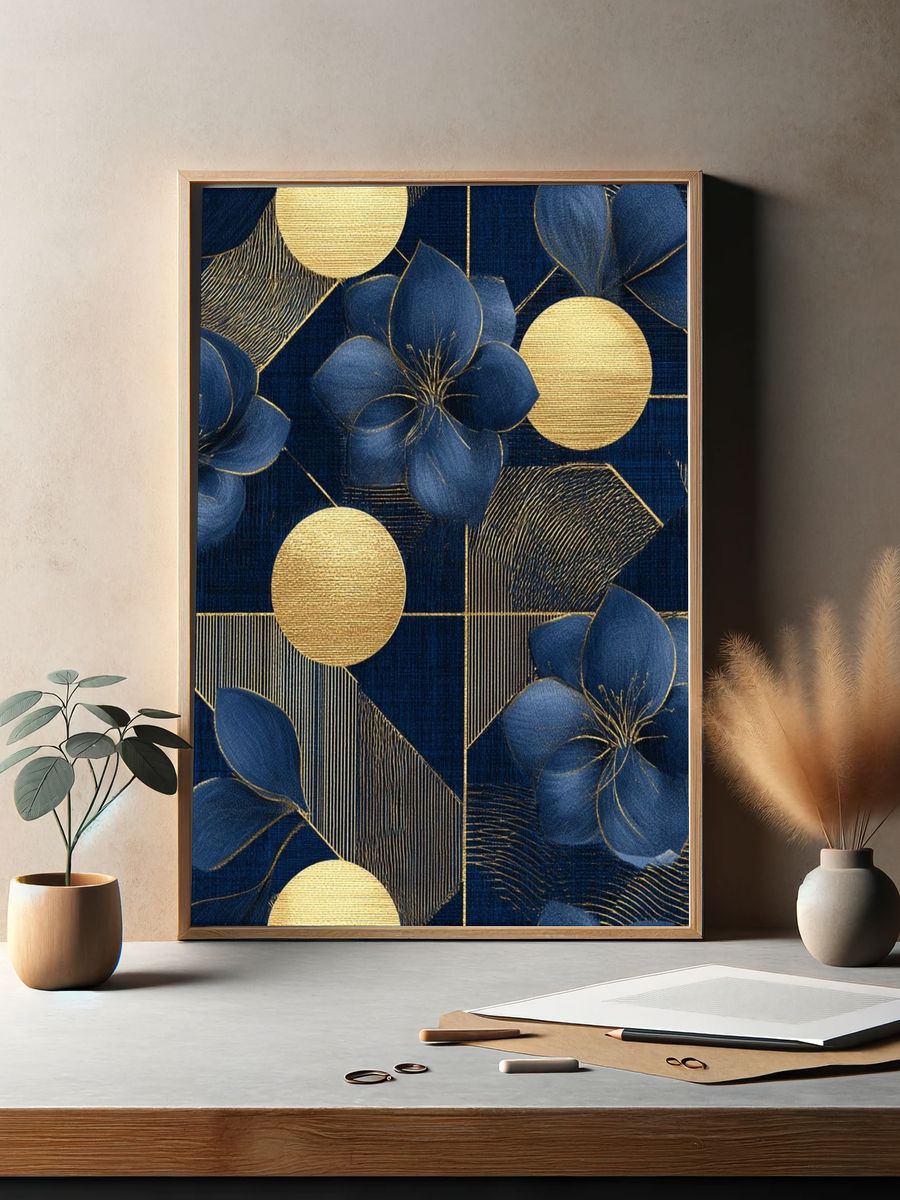Navy Gold Floral Geometric Print. — room view 2