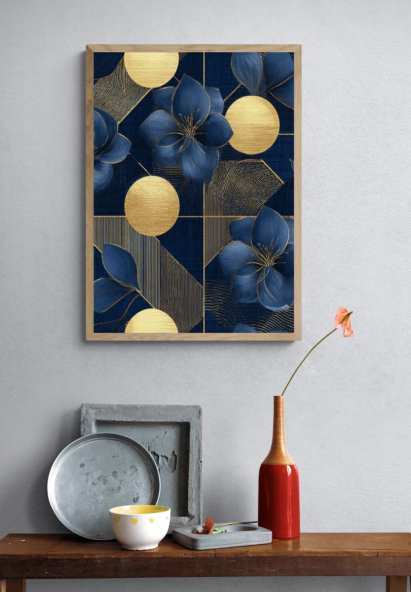 Navy Gold Floral Geometric Print. — room view 3