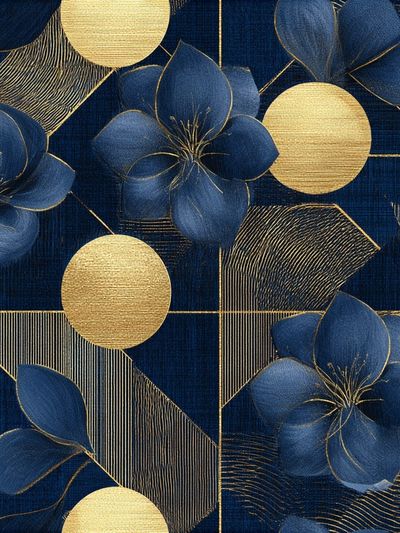 Navy Gold Floral Geometric Print. poster