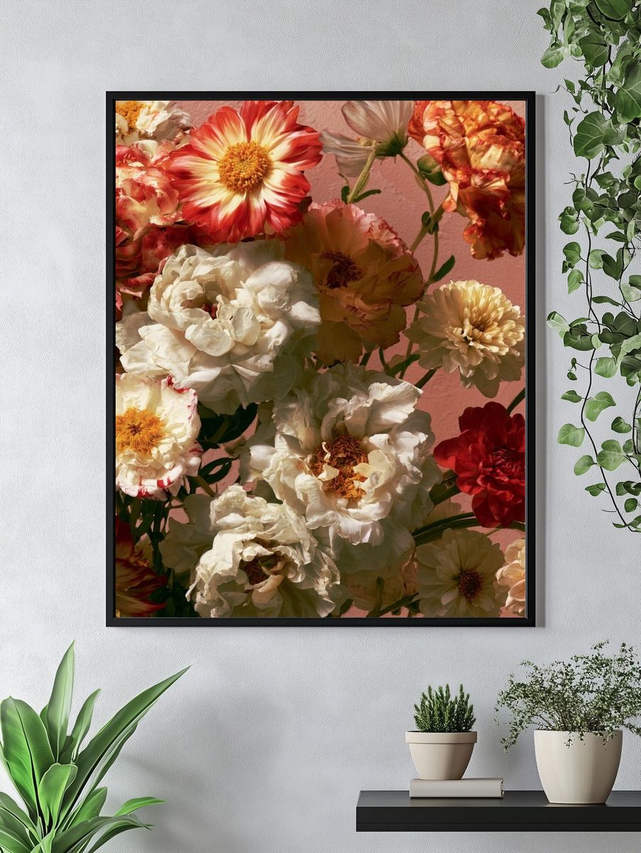 Vintage Zinnia Bouquet Print. — room view 4
