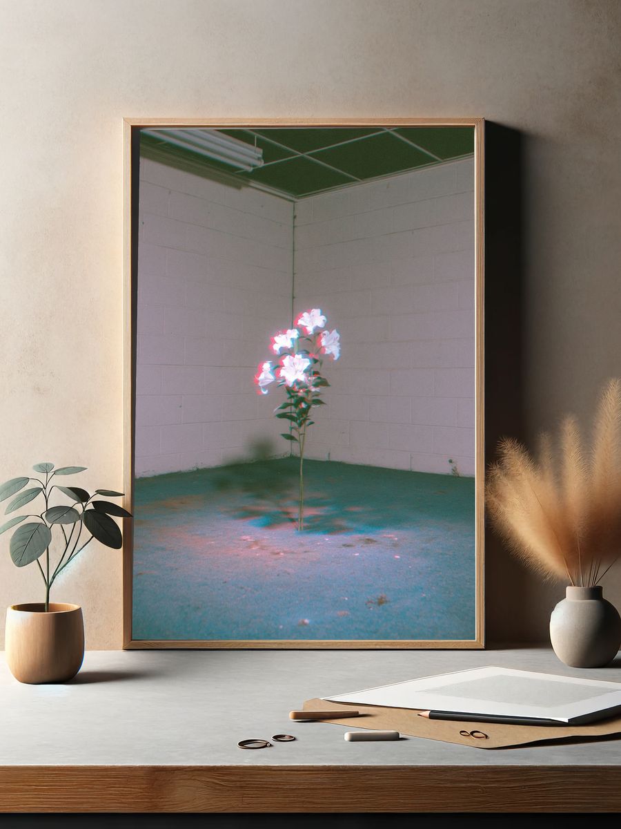 Glowing Flowers in Empty Room Print. — room view 2