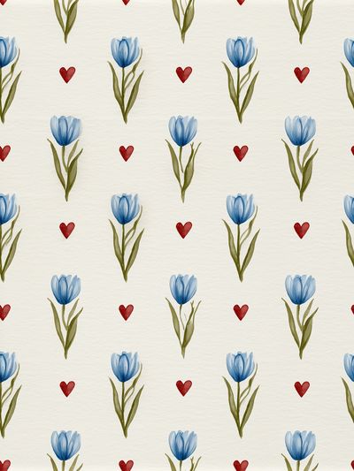 Blue Tulip Heart Pattern Print.
