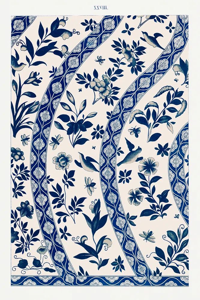 Blue flower pattern, Examples Chinese. poster — botanical art