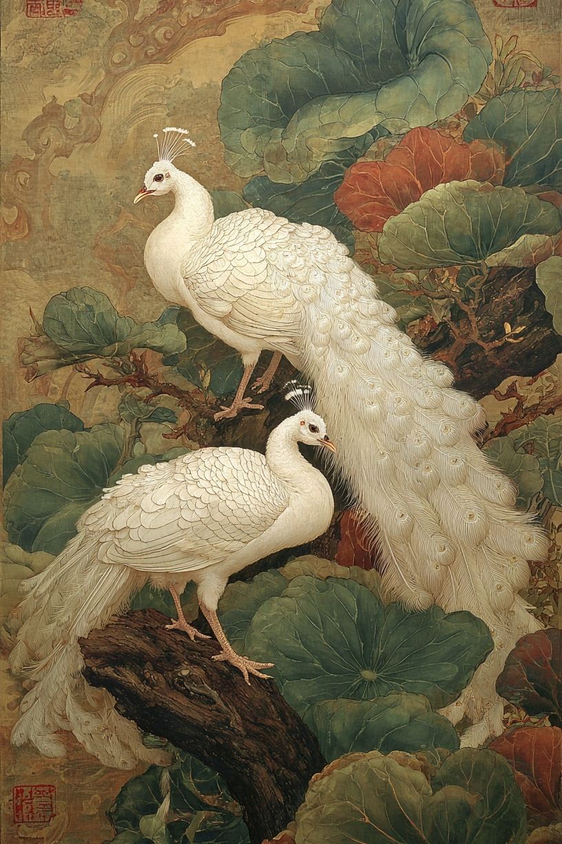 White Peacocks Botanical Print. poster detail