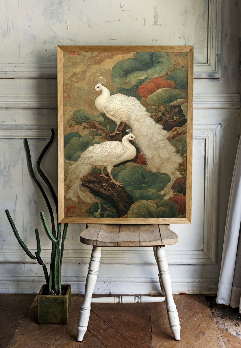 White Peacocks Botanical Print. — room view 1