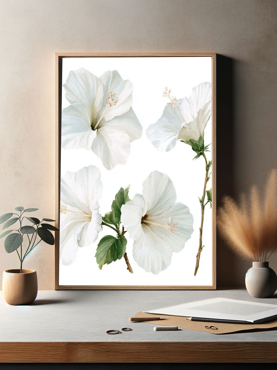 White Hibiscus Botanical Poster. — room view 2