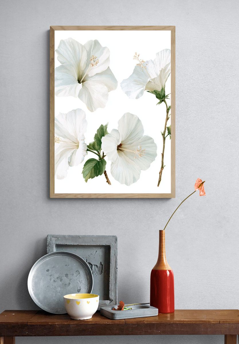 White Hibiscus Botanical Poster. — room view 3