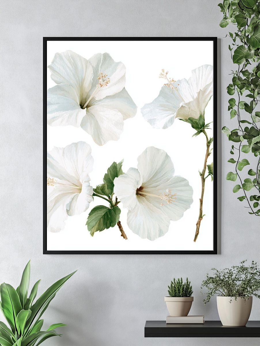White Hibiscus Botanical Poster. — room view 4