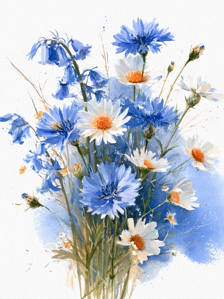 Blue Wildflower Bouquet Watercolor Print. poster — botanical art