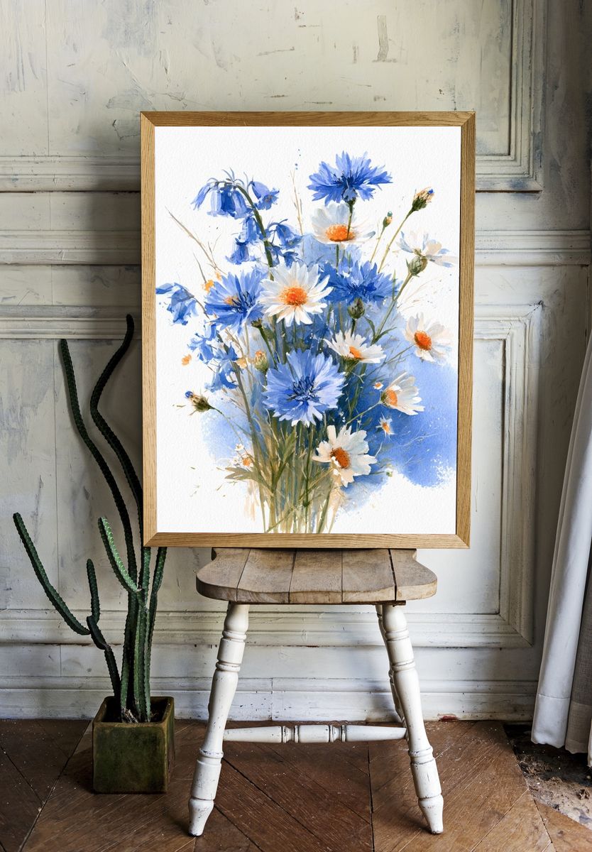 Blue Wildflower Bouquet Watercolor Print. — room view 1