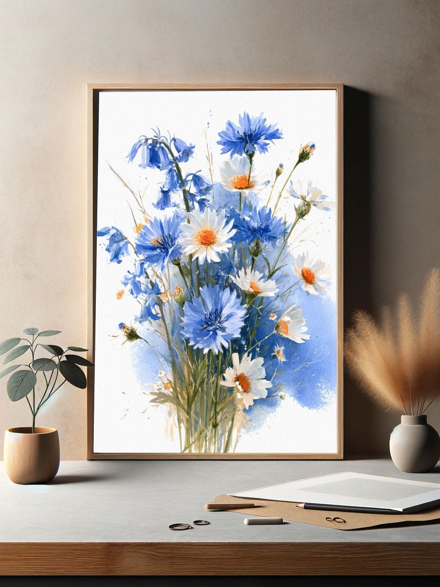 Blue Wildflower Bouquet Watercolor Print. — room view 2