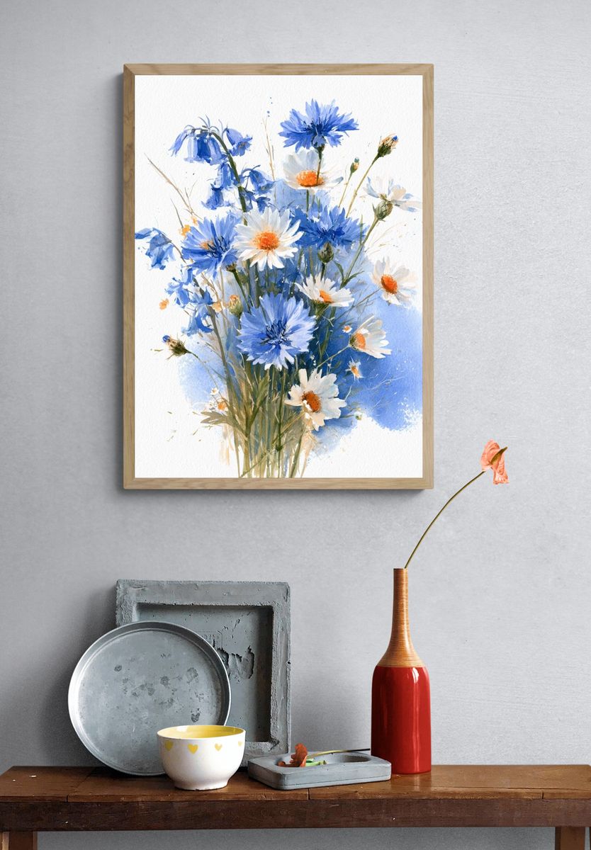 Blue Wildflower Bouquet Watercolor Print. — room view 3